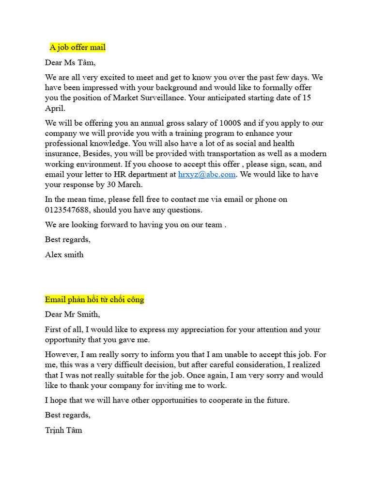 A job offer mail + mail từ chối | PDF | Career & Growth