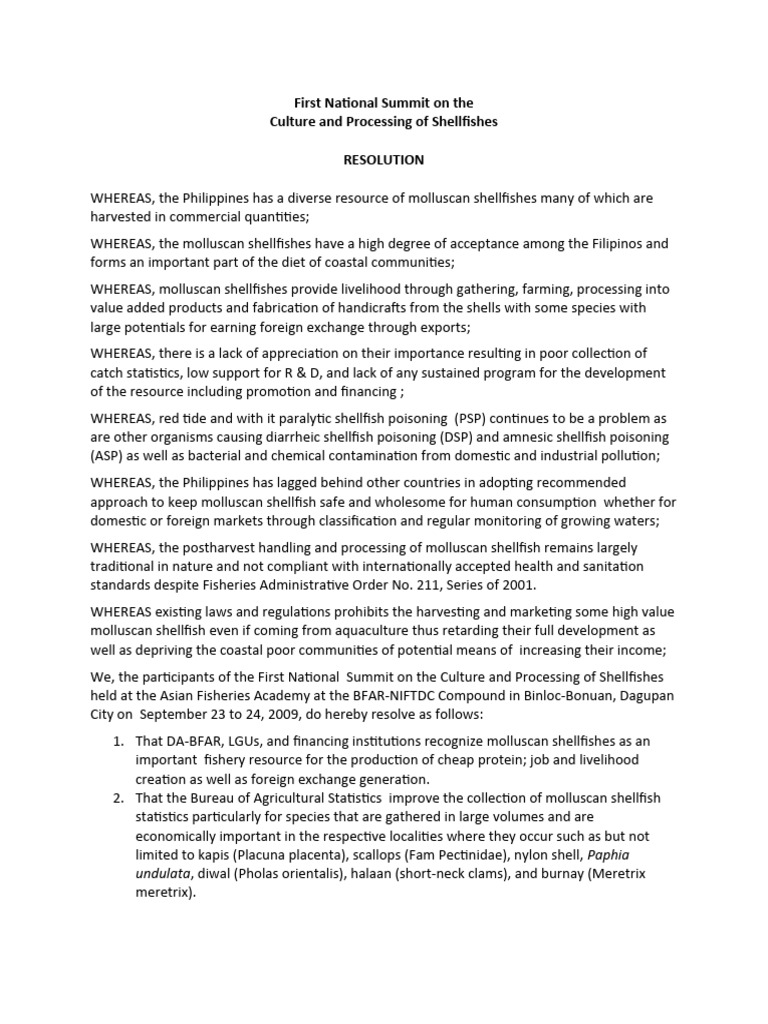 Philippine Shellfish Summit Resolution | PDF | Shellfish | Aquaculture