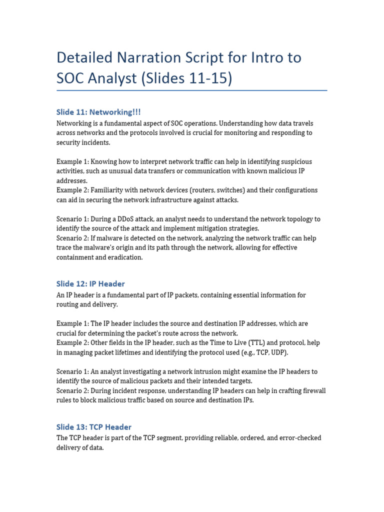 Detailed Narration Script SOC Analyst Slides 11 15 | PDF | Transmission ...