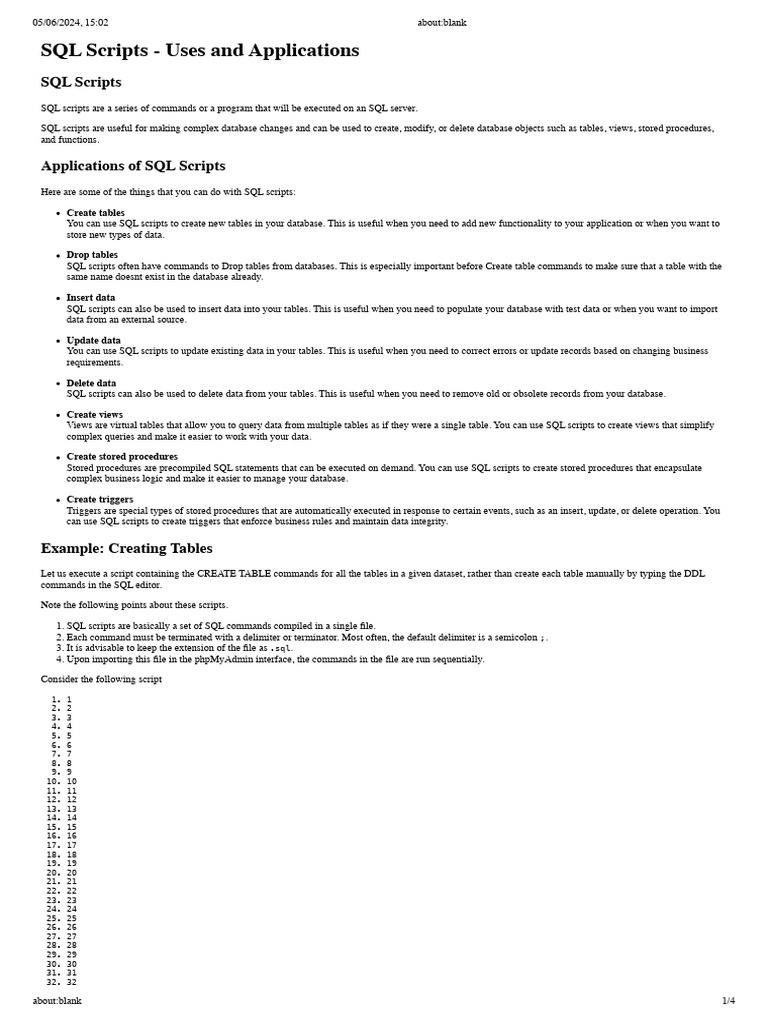 SQL Scripts - Uses and Applications | PDF | Sql | Databases