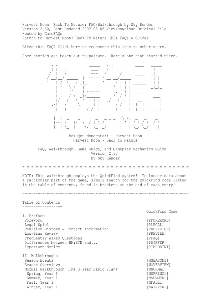 Harvest Moon Back To Nature Walk Through PDF Strategy Guide