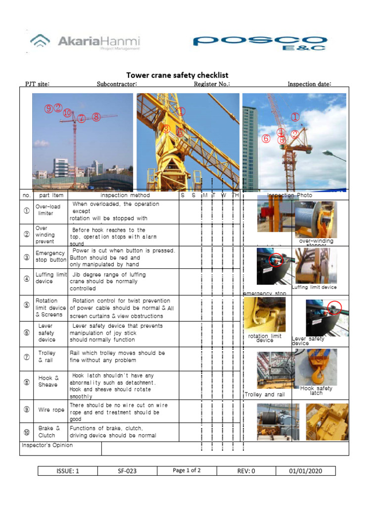 Tower Crane Safety Inspection Checklist | PDF | Crane (Machine ...