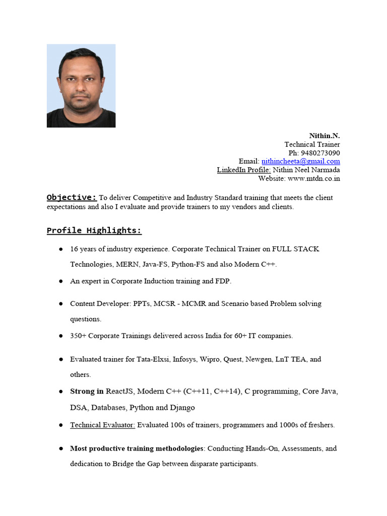 Nithin N: Corporate Technical Trainer | PDF | Sql | Information Technology