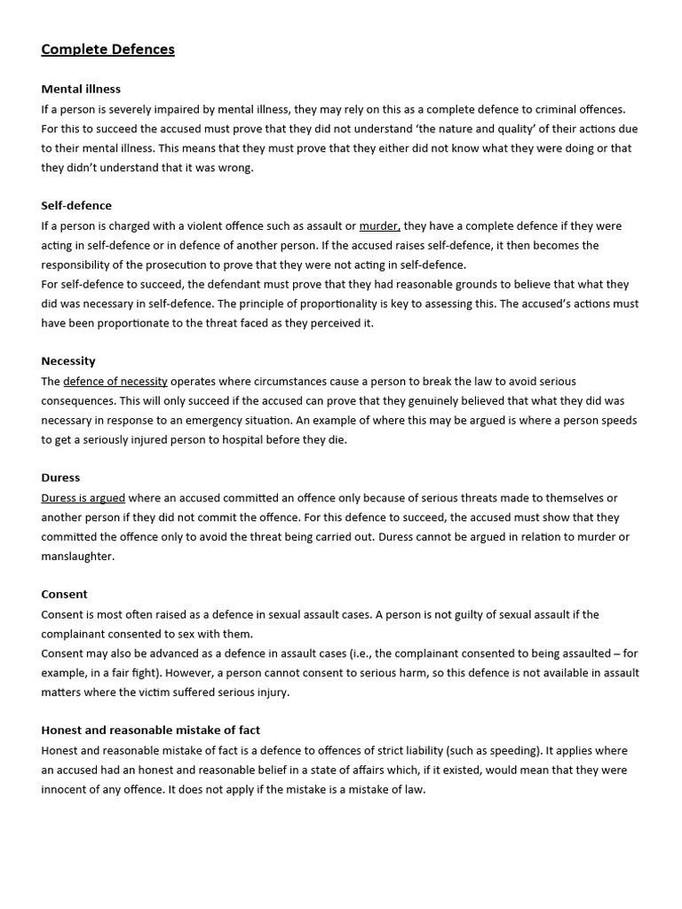 Complete Defences in Criminal Law | PDF | Assault | Intention (Criminal ...