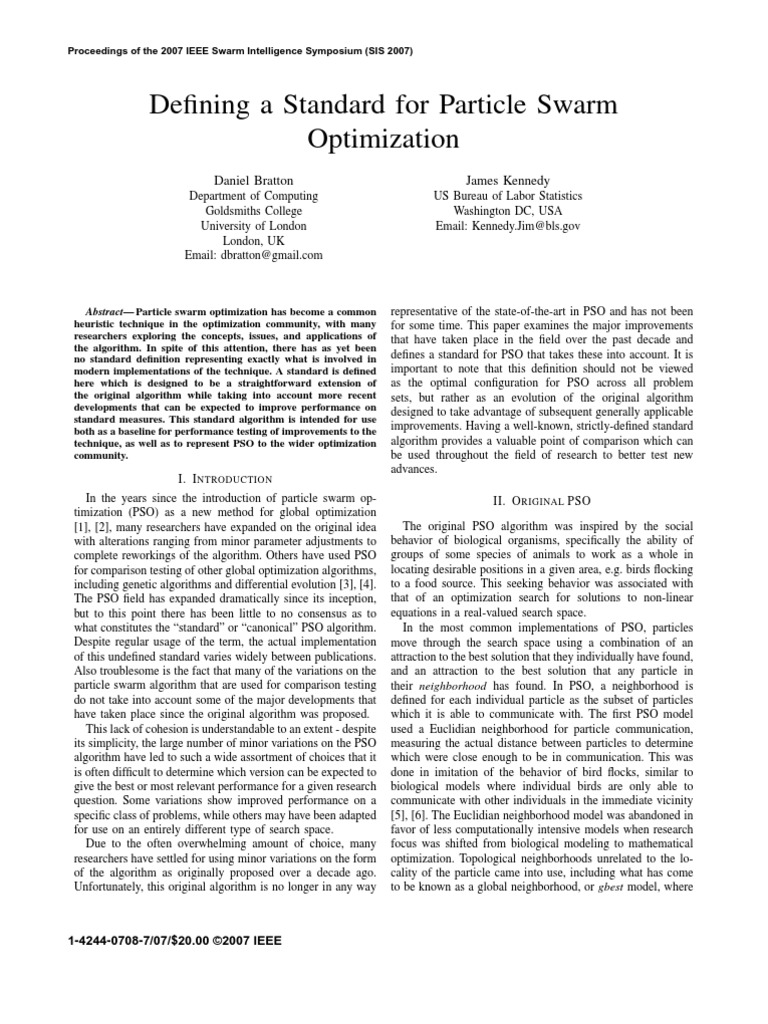 Defining A Standard For Particle Swarm Optimization | PDF