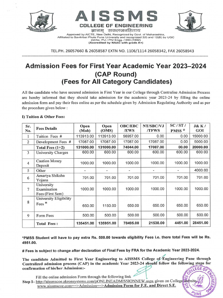 First Year Admisssion Fees Notice 2023 24 | PDF