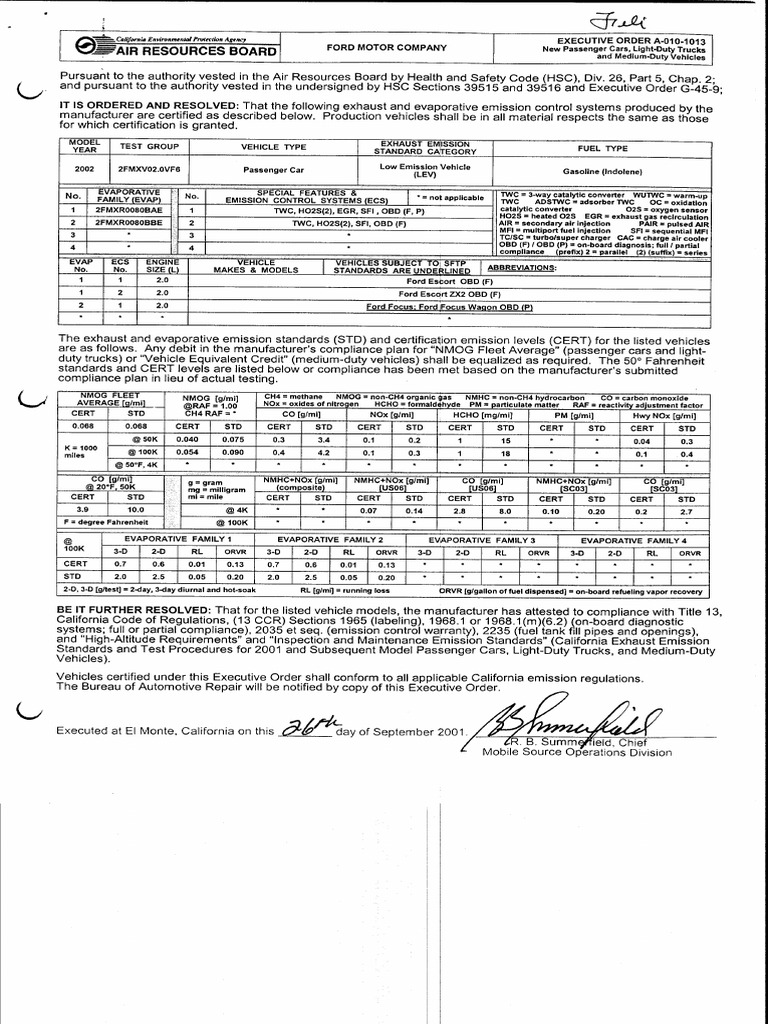 Ford Vehicle Emission Certification Order | PDF | Exhaust Gas | Air ...