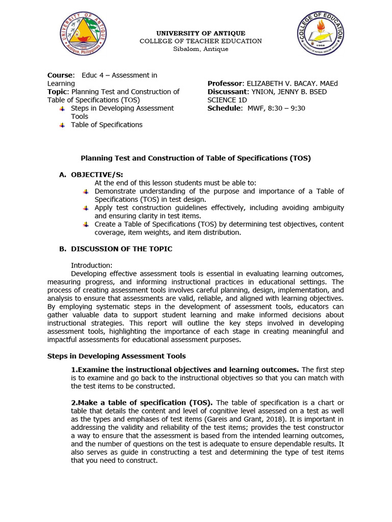 Test Planning and Table of Specifications | PDF | Educational ...
