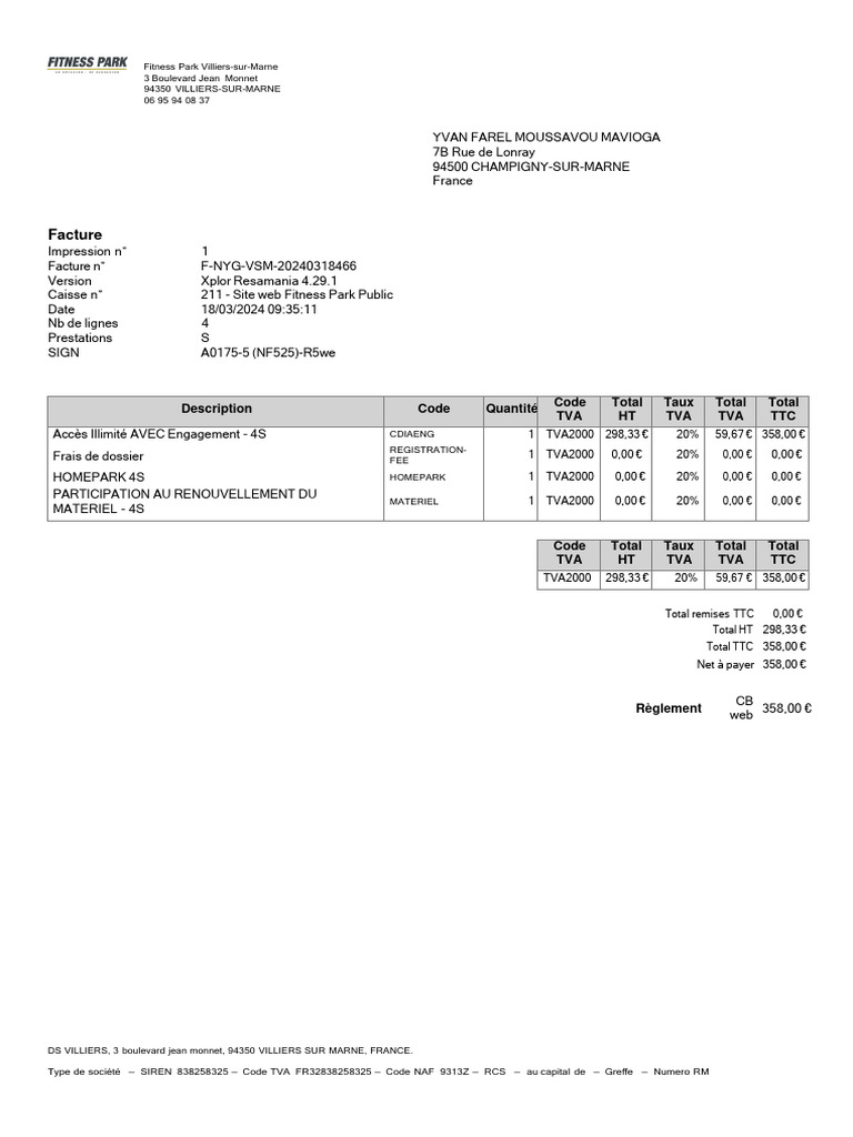 Facture Fitness Park Villiers-sur-Marne | PDF | Taxe sur la valeur ...