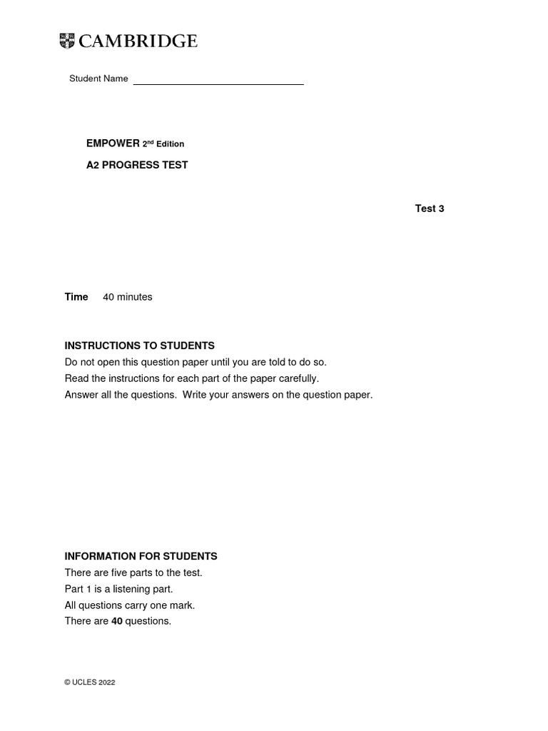 Unit Progress Test 3 - Version A | PDF