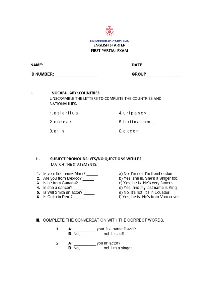 English Starter (First Partial Exam M-A 2024) | PDF | Languages ...