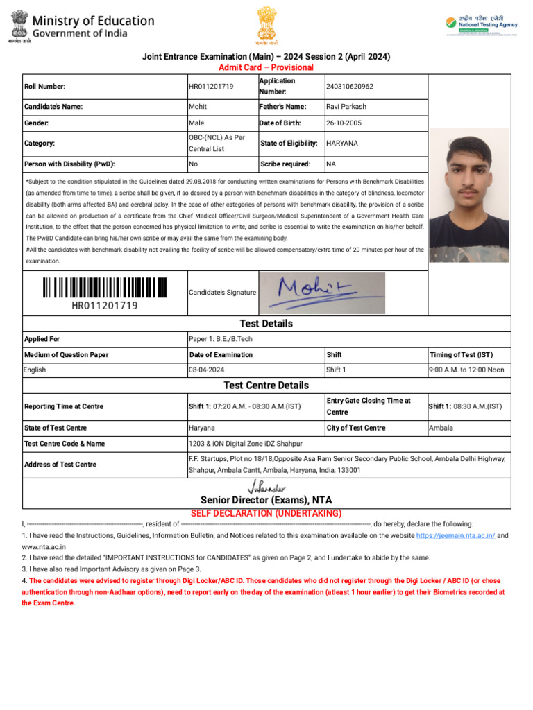 JEE Main 2024 Admit Card - Ambala Center | PDF | Identity Document