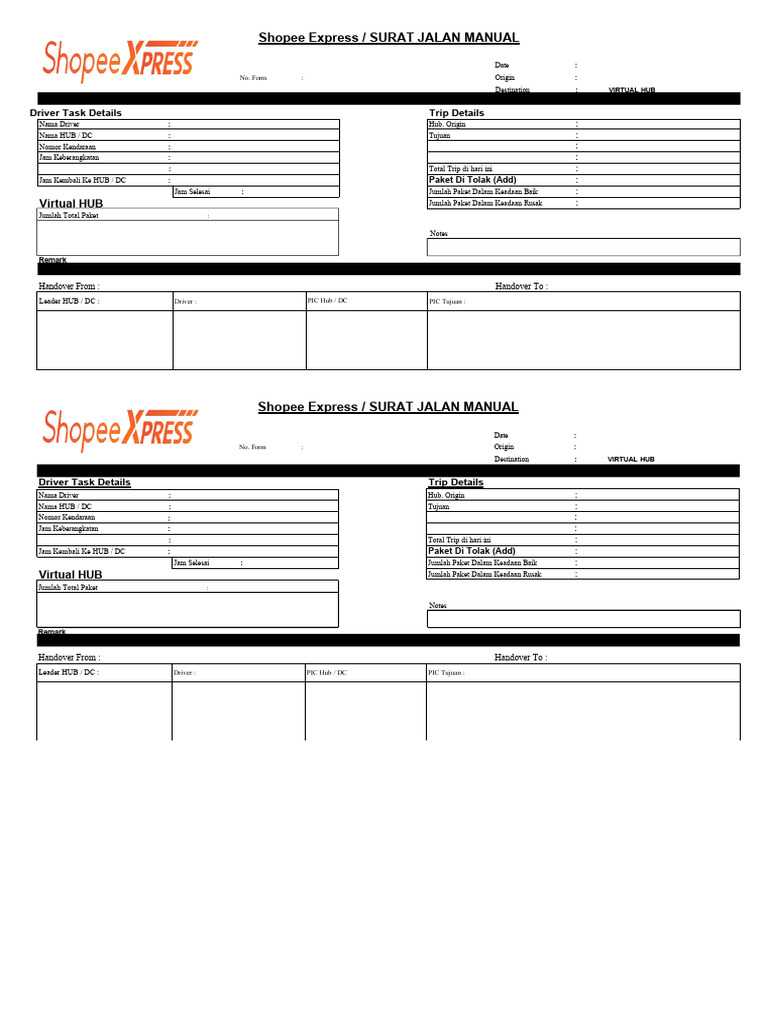 Surat Jalan Manual Shopee Express | PDF