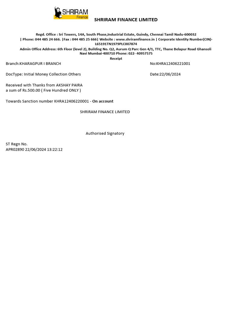Initial Money Receipt for Loan | PDF