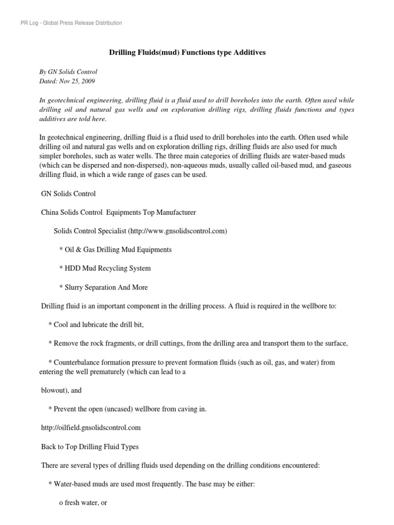 Drilling Fluidsmud Functions Type Additives PDF Oil Well Materials