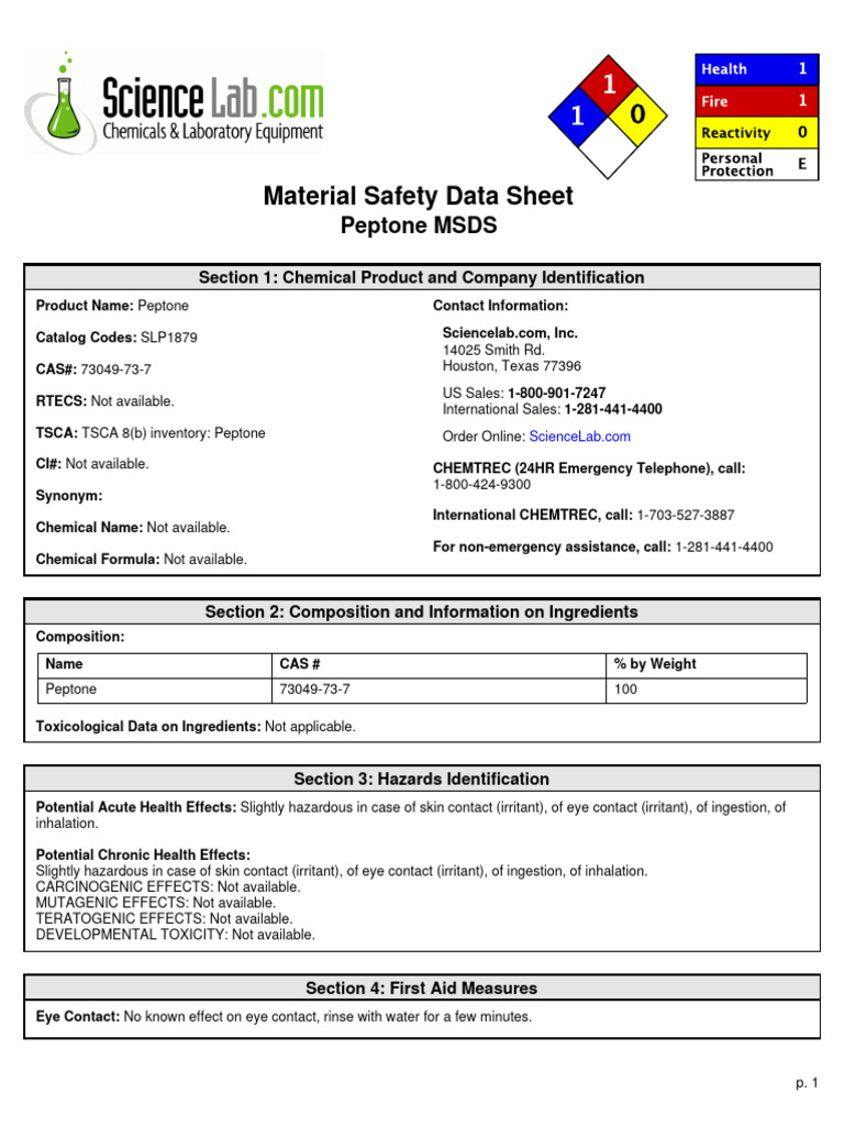 Peptone MSDS: Safety & Handling Guide | PDF | Toxicity | Biodegradation