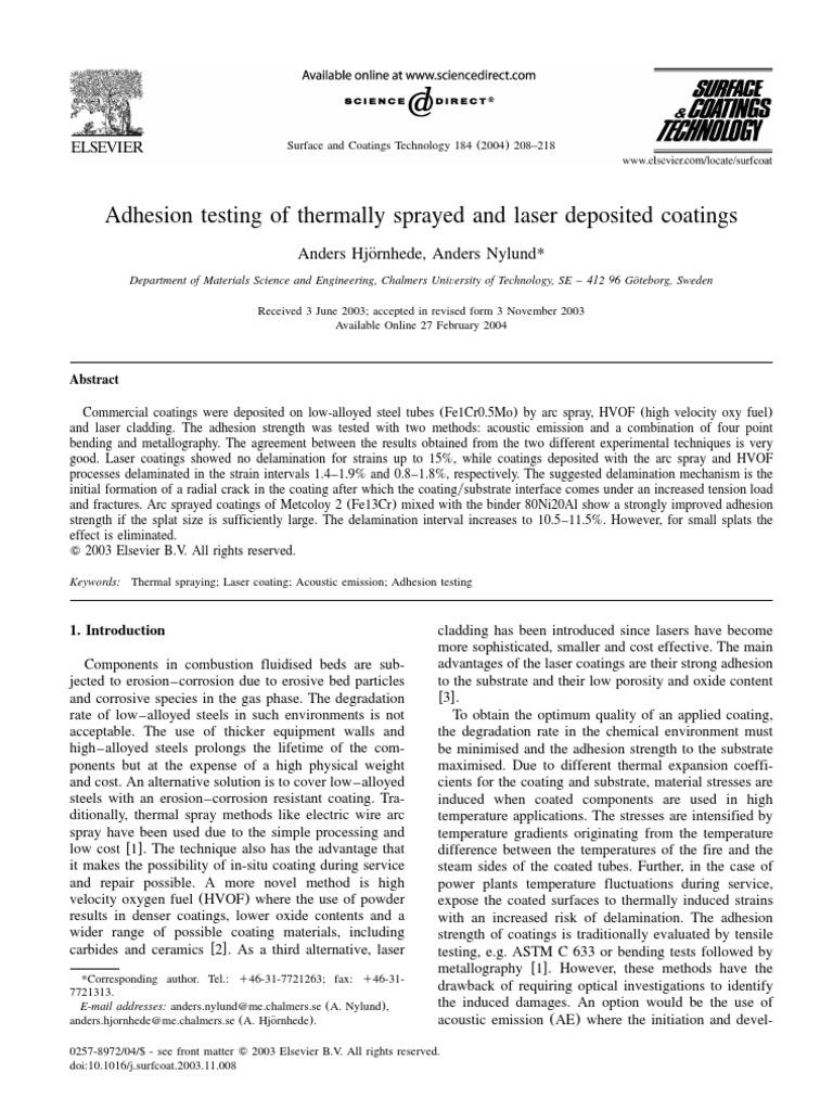Adhesion Testing of Thermally Sprayed and Laser Deposited Coatings 2004