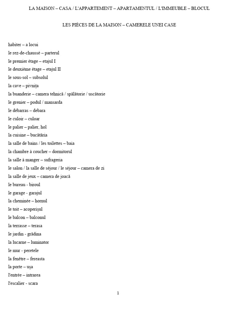 Vocabulaire des pièces de la maison | PDF | Chambre à coucher | Accueil