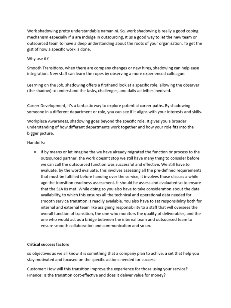 Work Shadowing Pdf Leadership Outsourcing