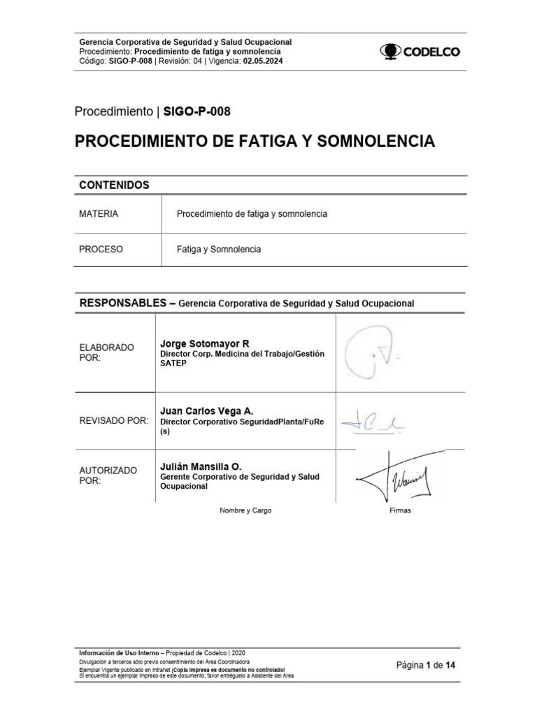 Procedimiento de Fatiga y Somnolencia | PDF | Seguridad y salud ...