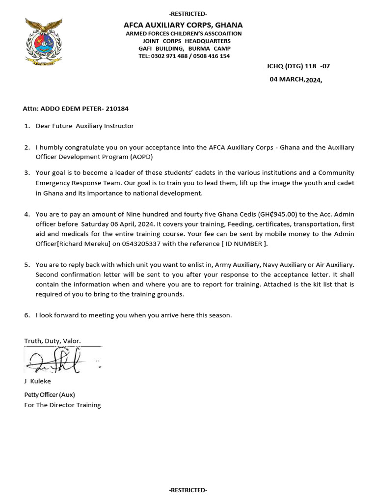 AFCA Auxiliary Corps Acceptance Details | PDF | Clothing