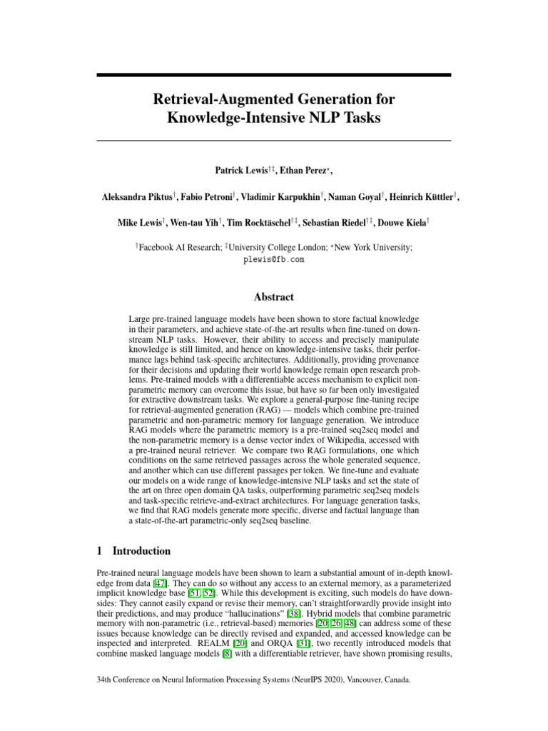 NeurIPS2020retrievalaugmentedgenerationforknowledgeintensivenlp