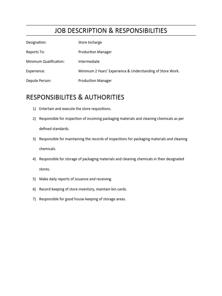 Store Incharge Job Description | PDF | Business