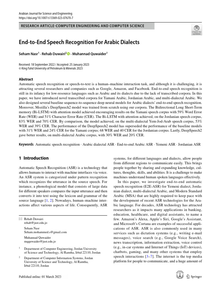 End-to-End Arabic Dialect Speech Recognition | PDF | Speech Recognition ...