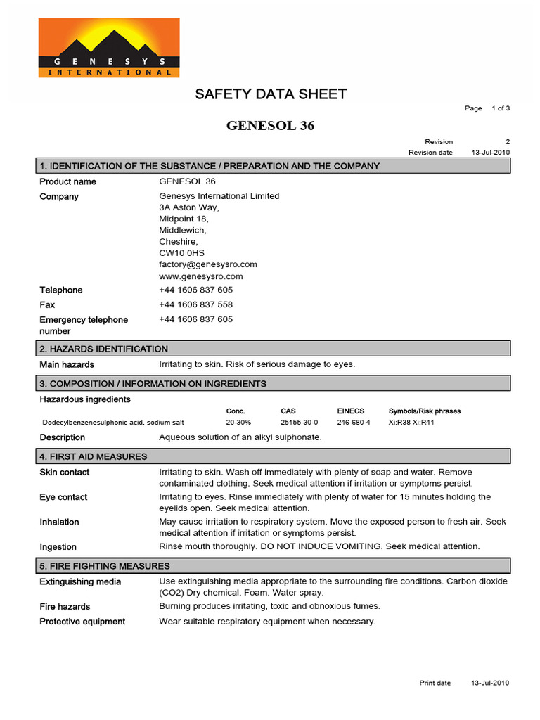 Genesol 36 MSDS PDF Personal Protective Equipment Waste Management