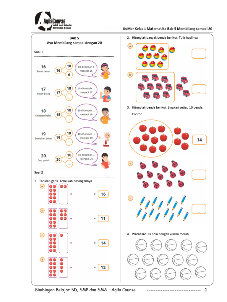Kelas 1 Matematika Bab 5 Membilang Sampai 20 Kumer 2022 | PDF | Metode ...