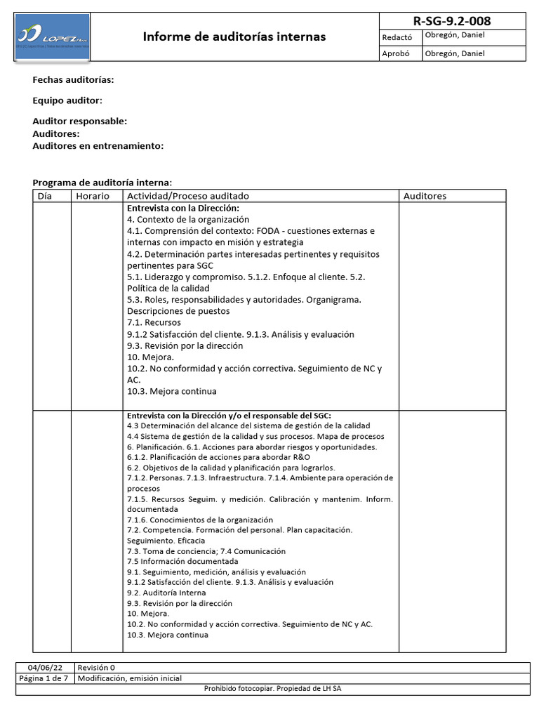 Informe de Auditoría Interna SGC ISO 9001 | PDF | Sistema de manejo de ...