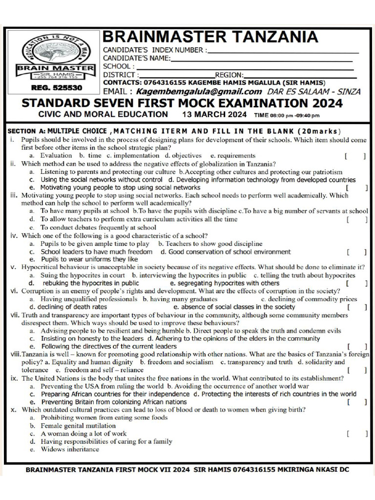 Brainmaster Tanzania?? Cme First Mock 2024 | PDF