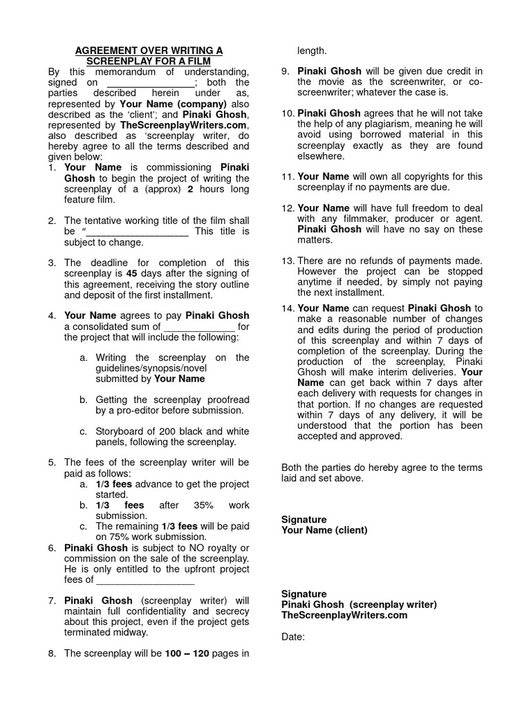 Screenplay Agreement with Pinaki Ghosh | PDF | Screenplay | Business Law