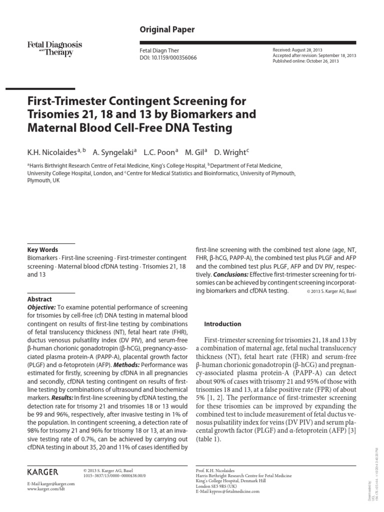 First-Trimester Trisomy Screening | PDF | Down Syndrome | Pregnancy