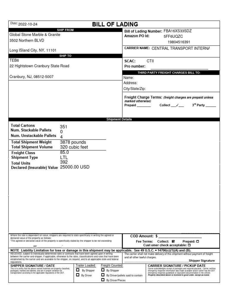 Bill of Lading Template for Shipping | PDF | Cargo | Freight Transport