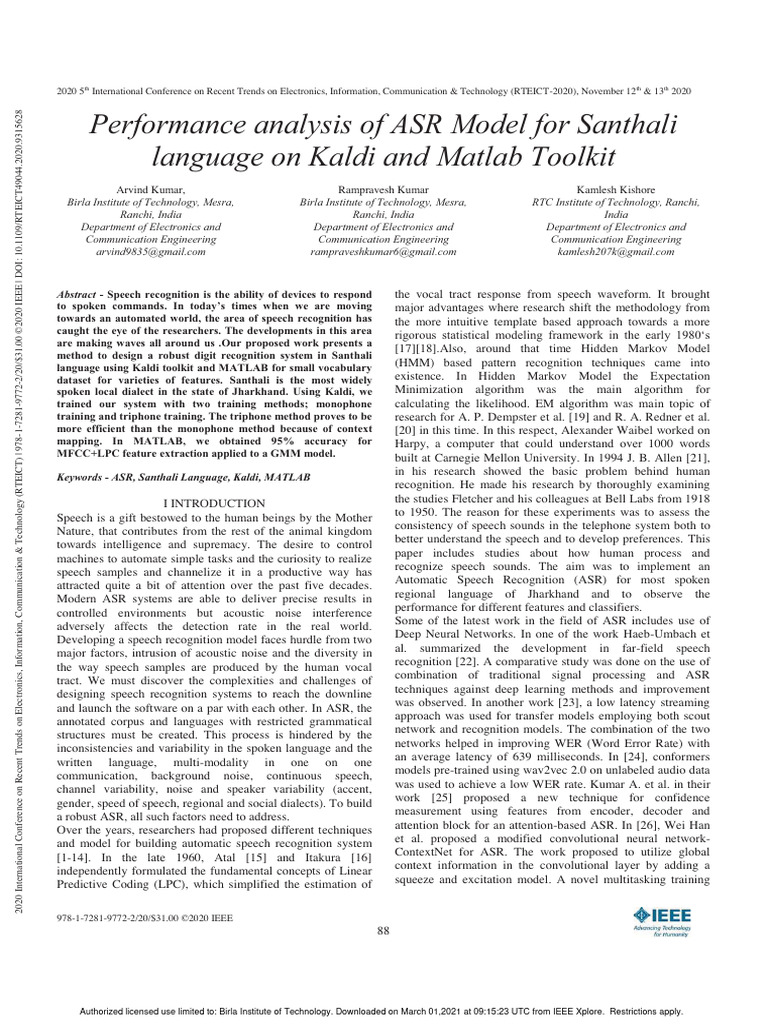 Performanceanalysisof ASRModelfor Santhalilanguageon Kaldiand Matlab ...