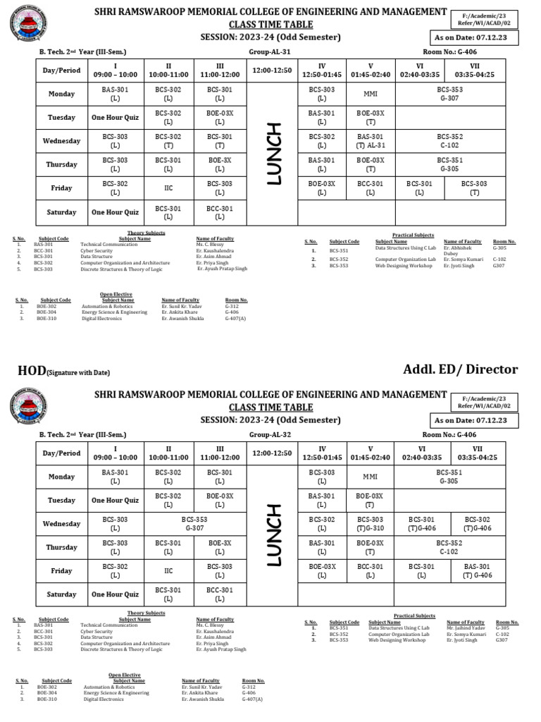 B.Tech 2nd Year Class Timetable 2023-24 | PDF | Physical Sciences ...