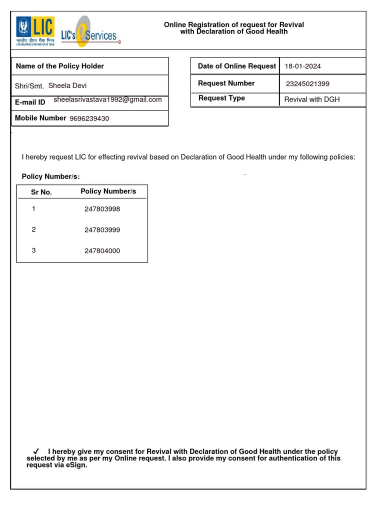 Revival Request with Good Health Declaration | PDF | Insurance ...