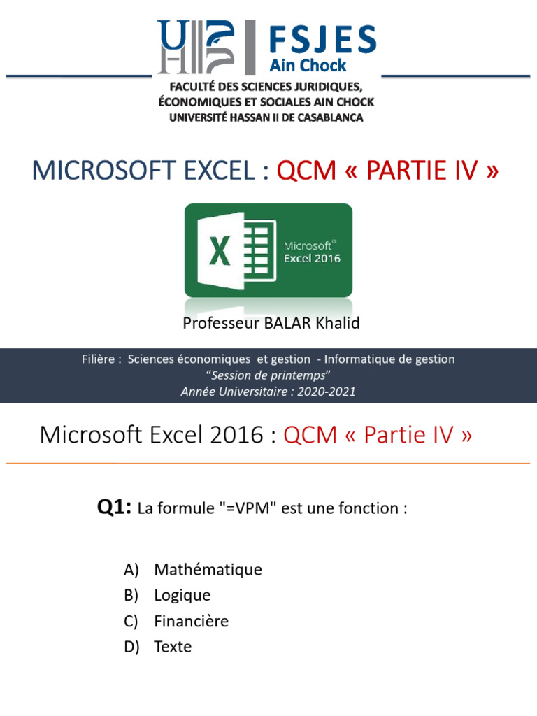 QCM Excel 2016 - Partie IV | PDF | Prêts | Microsoft Excel