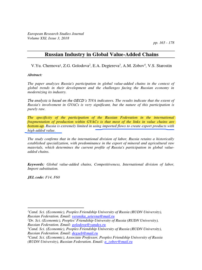 Russian Industry in Global Value Added Chains 2018 | PDF | Value Chain ...