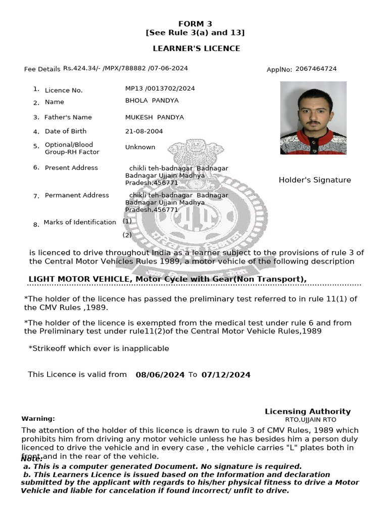 Form 3 Learner's Licence Details | PDF | Vehicles | Driving