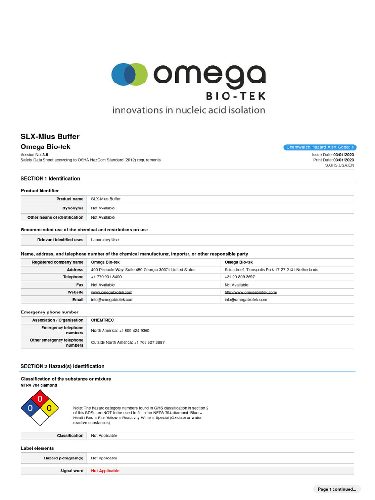 SLX-Mlus Buffer Safety Data Sheet | PDF | Safety | Occupational Safety ...