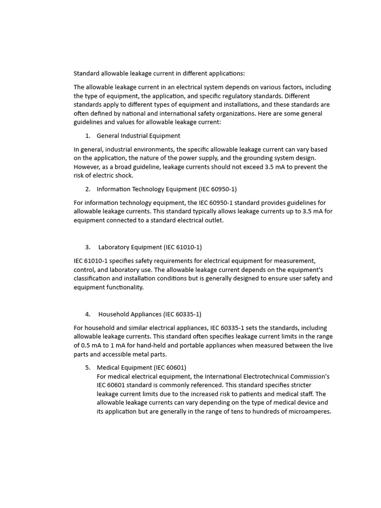 Standard allowable leakage current in different applications Download