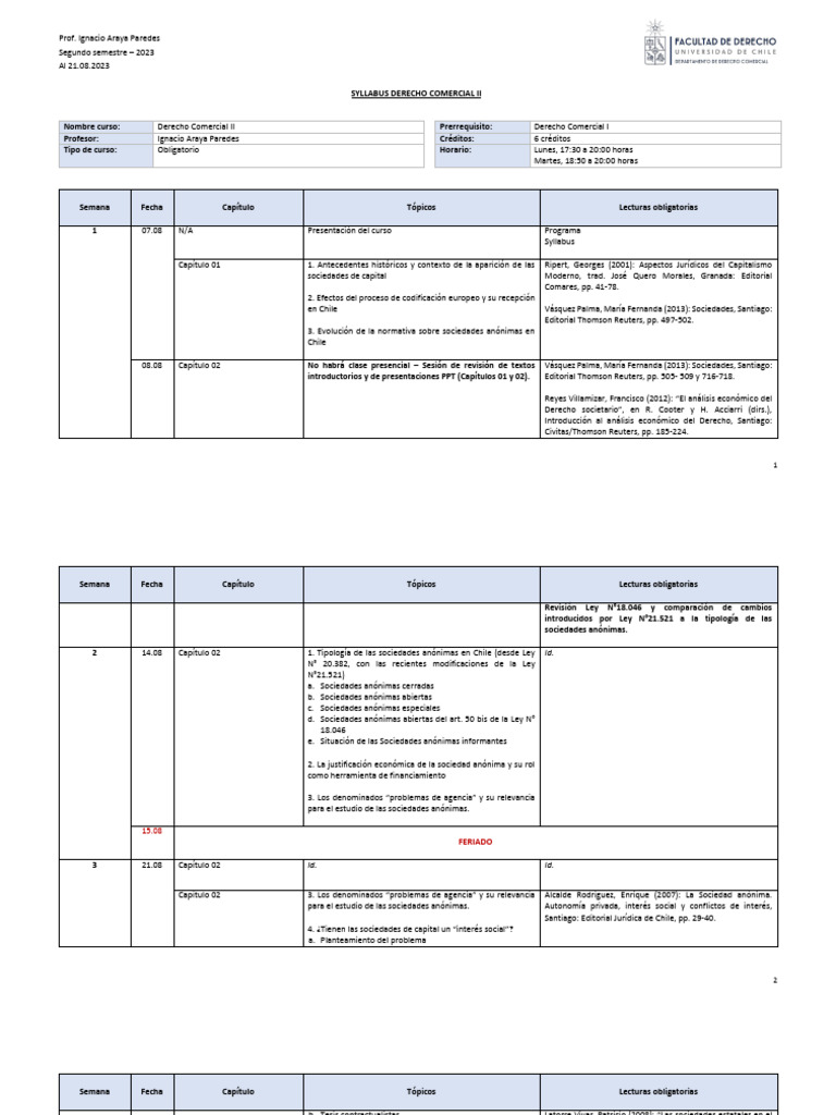 Syllabus Derecho Comercial II 2023 | PDF | Chile | Bolsa de Valores