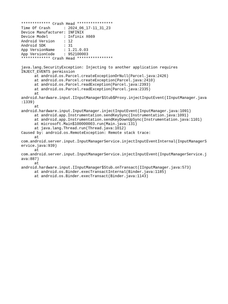 Infinix X669 Crash Report: SecurityException | PDF