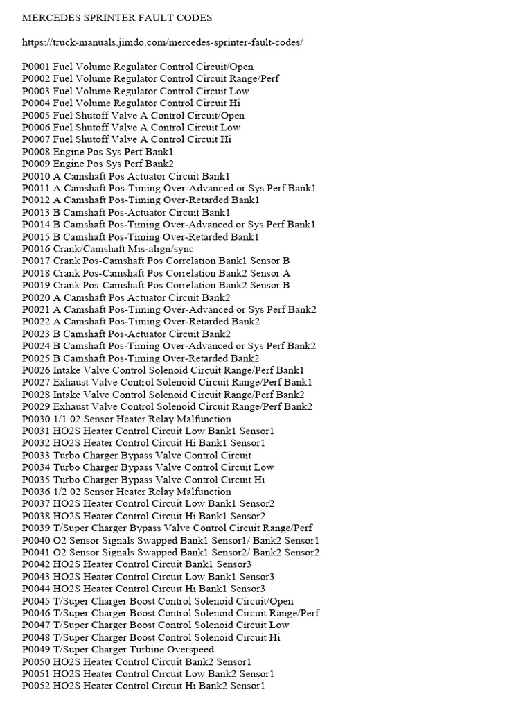 Mercedes Sprinter Fault Codes Guide | PDF | Throttle | Clutch