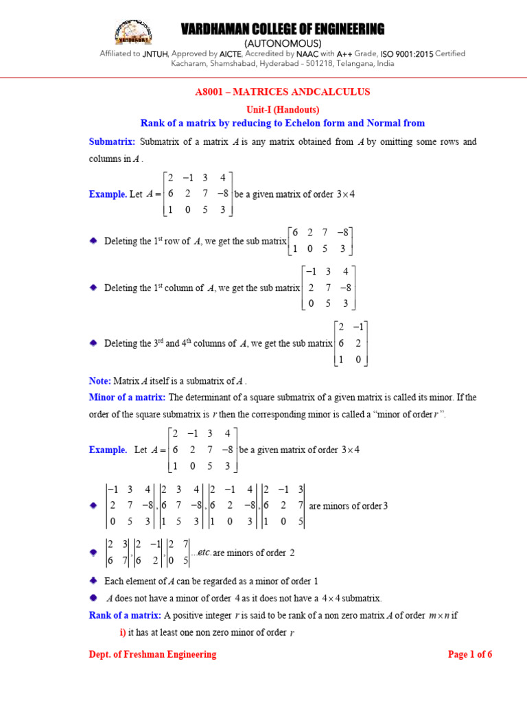 A8001 (MAC) Handout-I (Rank, Echelon form and Normal form) | PDF ...