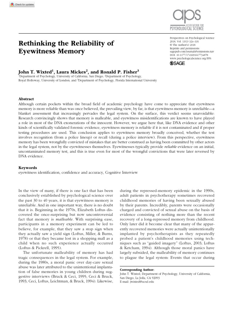 Rethinking Eyewitness Memory Reliability | PDF | Dna Profiling | Witness