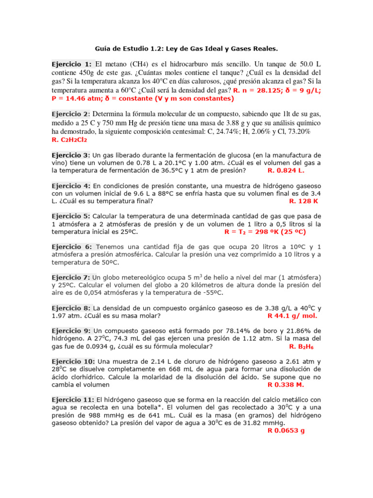 Guía de Estudio 1.2 Ley de Gas Ideal y Gas Real | PDF | Gases | Agua