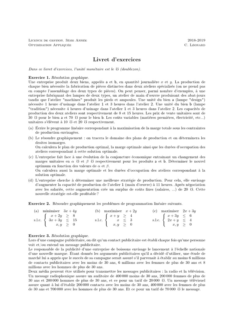 Exercices de Programmation Linéaire 2018-2019 | PDF | Optimisation ...